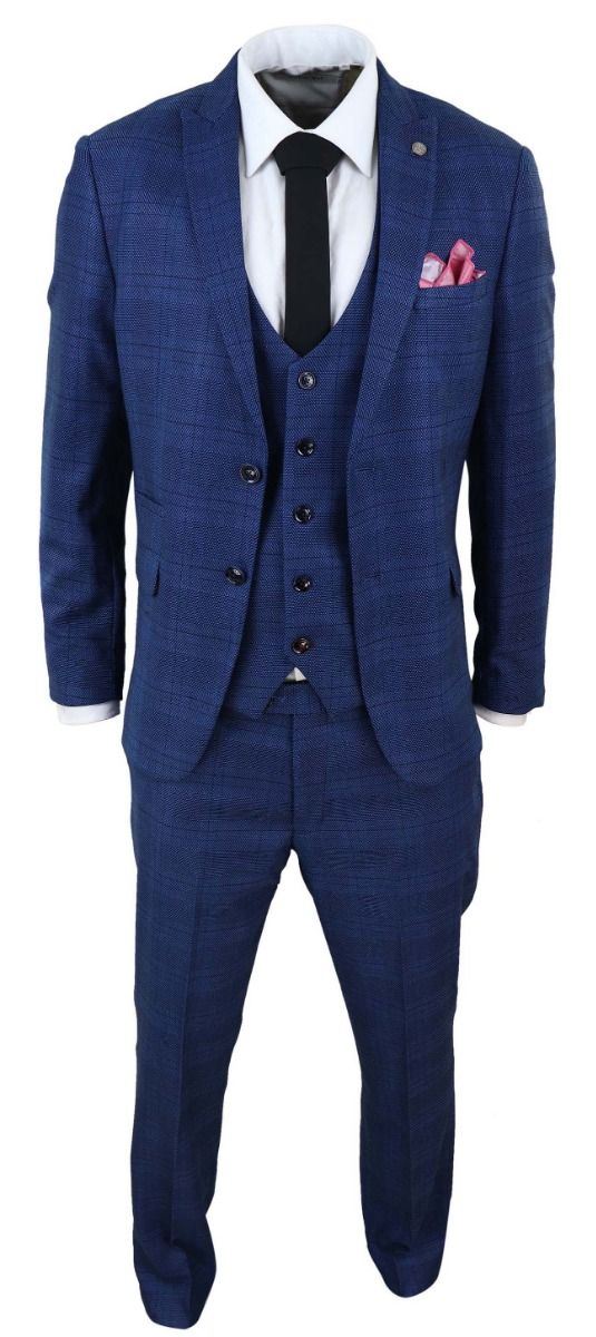 Mens 3 Piece Blue Birdseye Check Classic Suit - Image 2