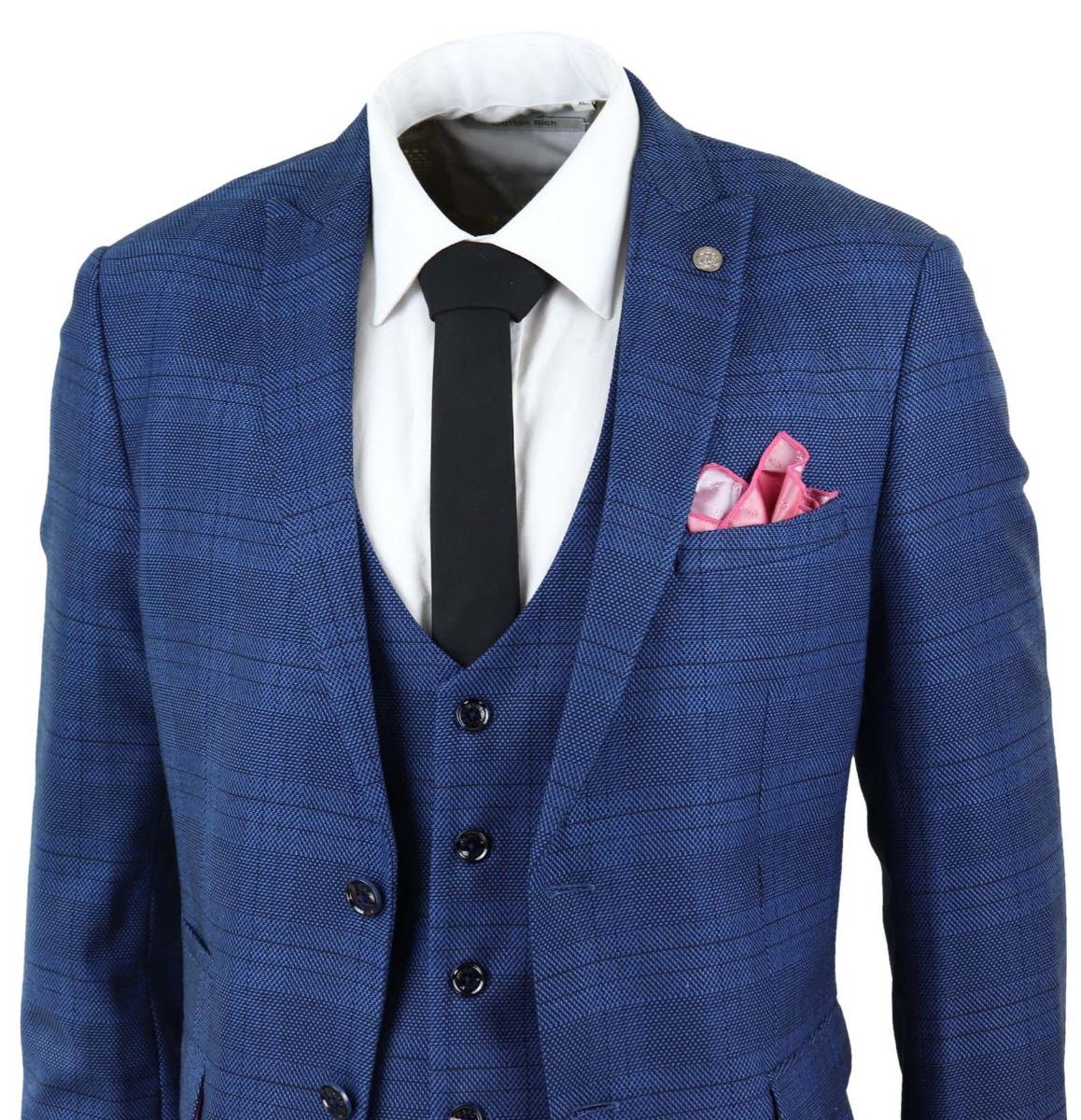 Mens 3 Piece Blue Birdseye Check Classic Suit - Image 3