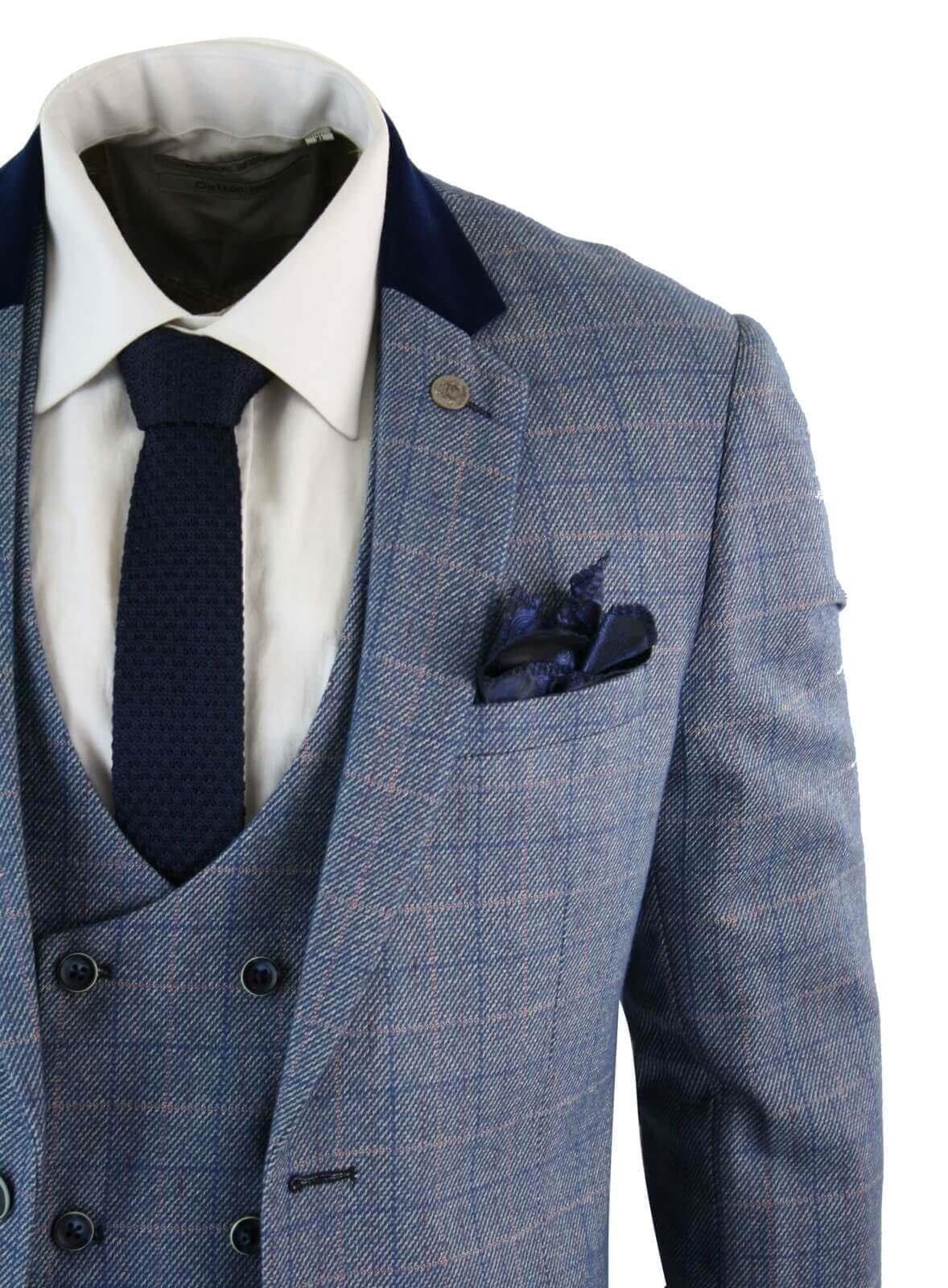 Mens 3 Piece Blue Grey Herringbone Check Suit - Image 4