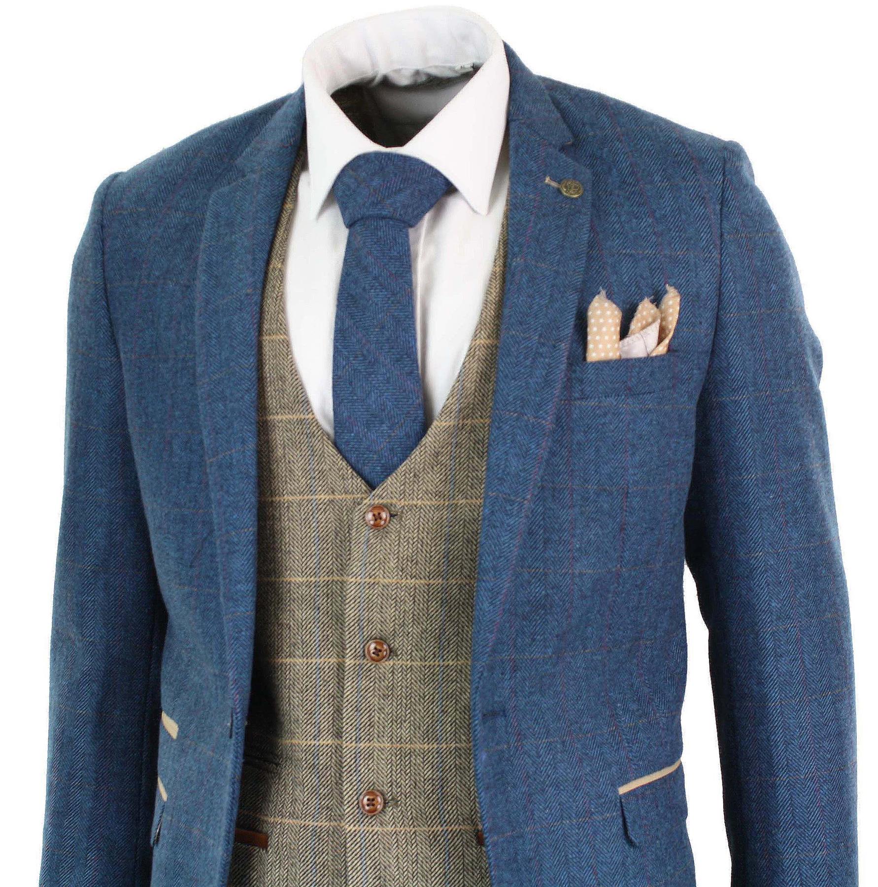 Mens 3 Piece Blue Tweed Vintage Suit - Image 3