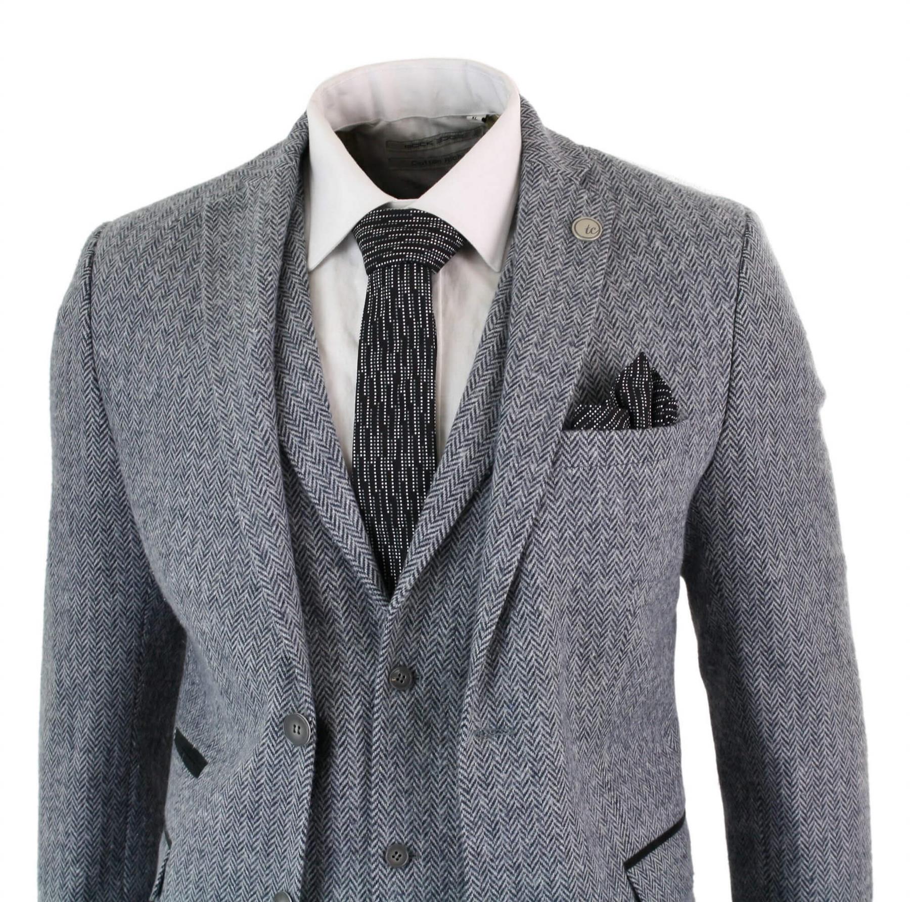 Men's 3 Piece Grey Herringbone Tweed Suit - Image 9