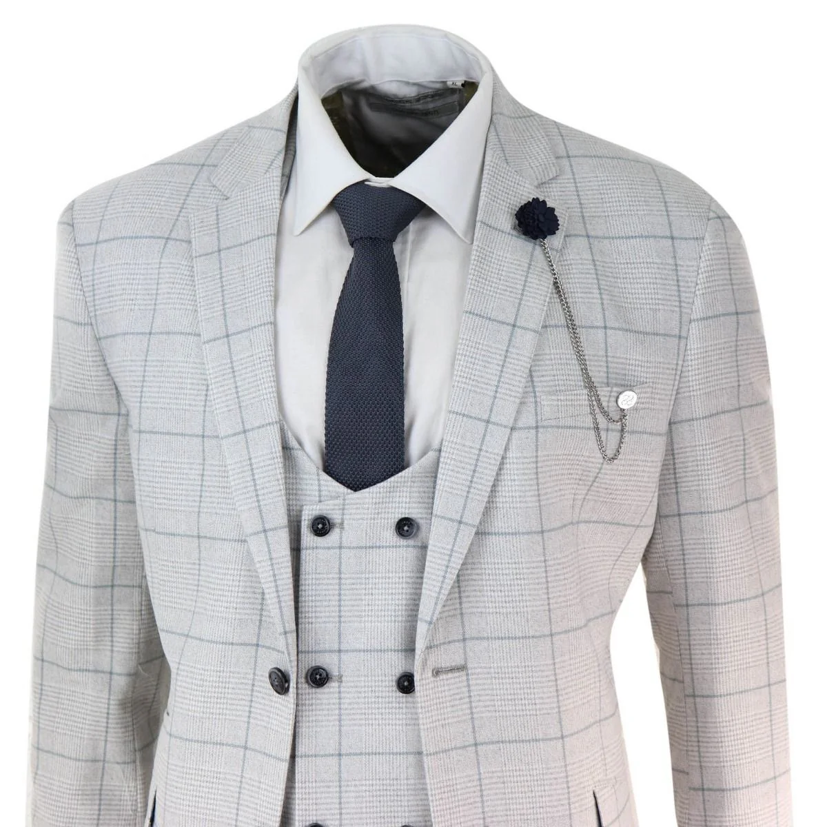 Mens 3 Piece Light Grey Check Tweed Vintage Retro Classic Suit - Image 3
