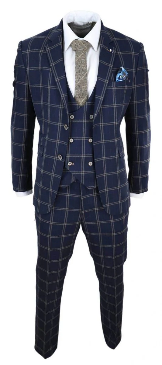 Mens 3 Piece Navy Blue And Tan Check Tweed Retro Classic Suit - Image 2