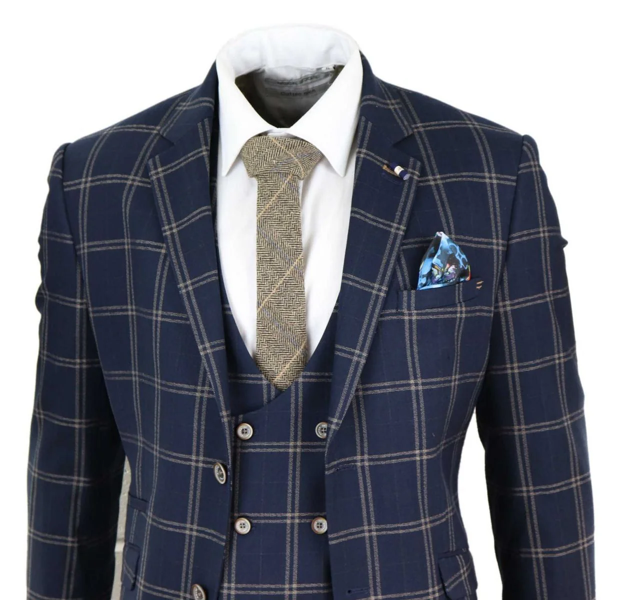 Mens 3 Piece Navy Blue And Tan Check Tweed Retro Classic Suit - Image 3