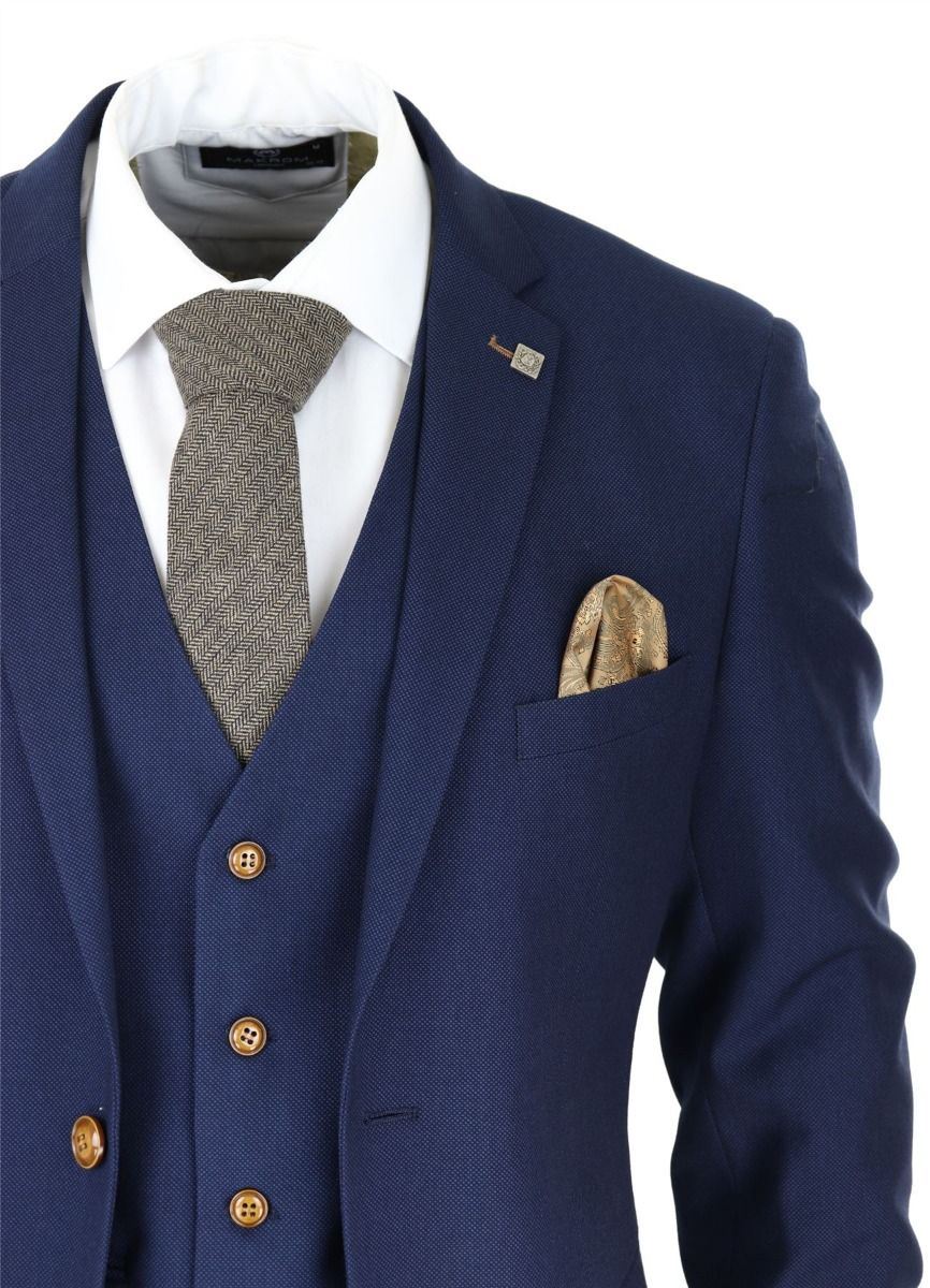 Mens 3 Piece Navy Blue Birdseye Classic Suit - Image 4