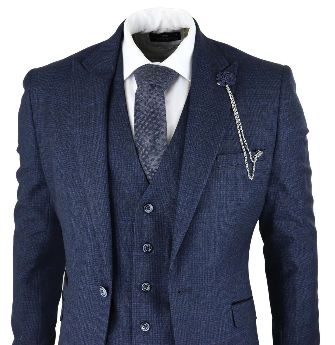 Mens 3 Piece Navy Blue Check Tweed Retro Classic Suit - Image 3