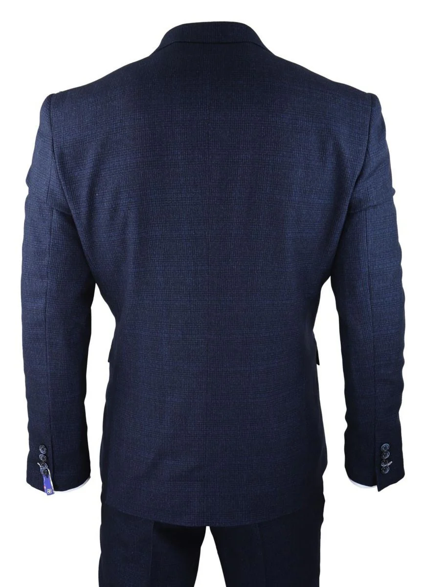 Mens 3 Piece Navy Blue Check Tweed Retro Classic Suit - Image 6