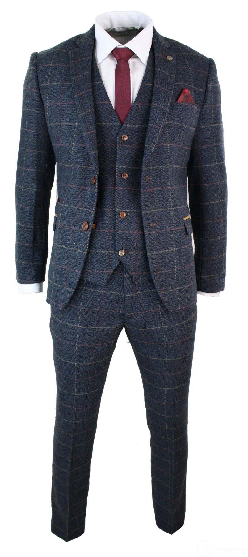 Mens 3 Piece Navy Blue Herringbone Check Vintage Suit - Image 3