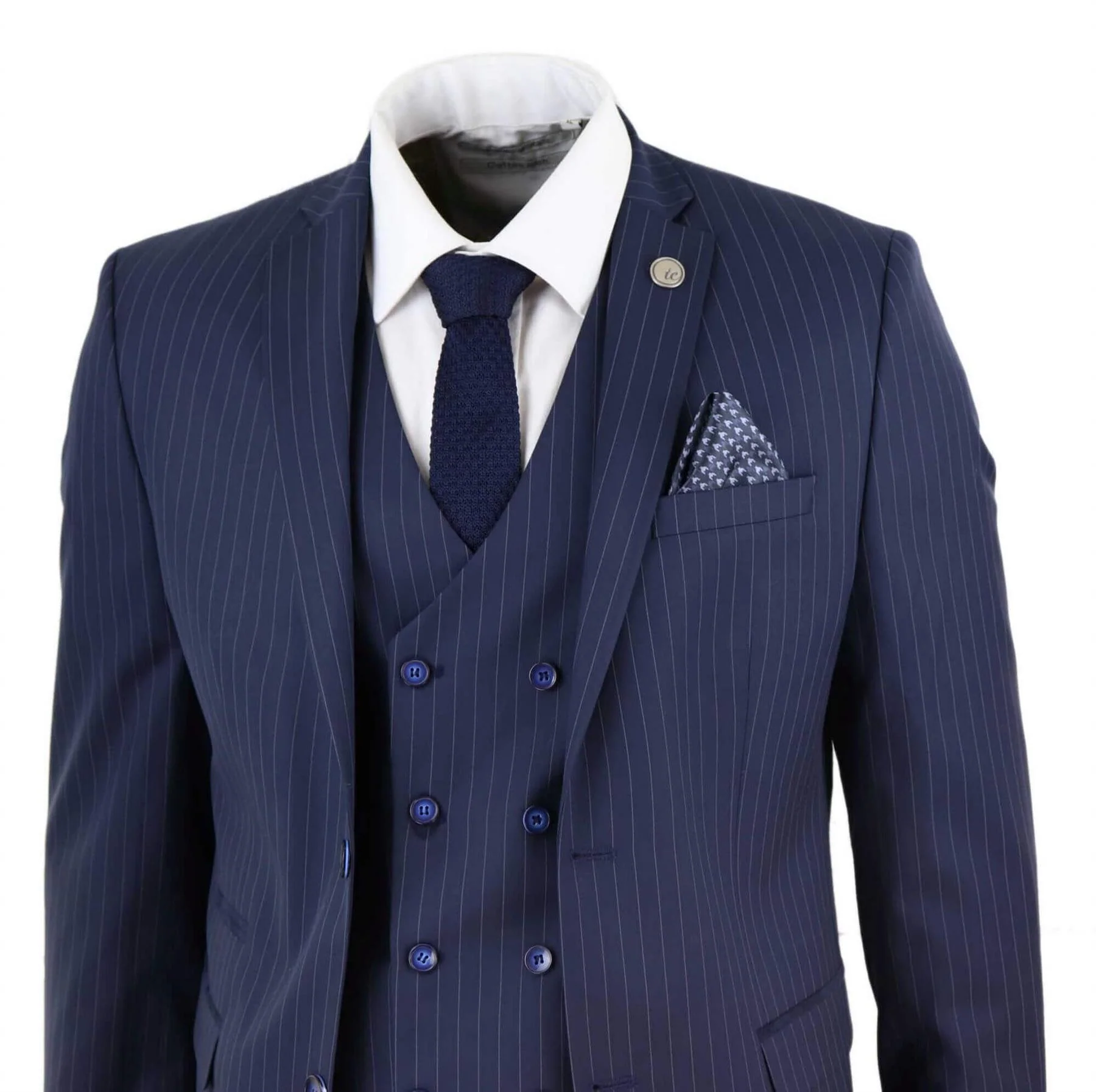 Men's 3 Piece Navy Blue Pinstripe Retro Suit - Image 3