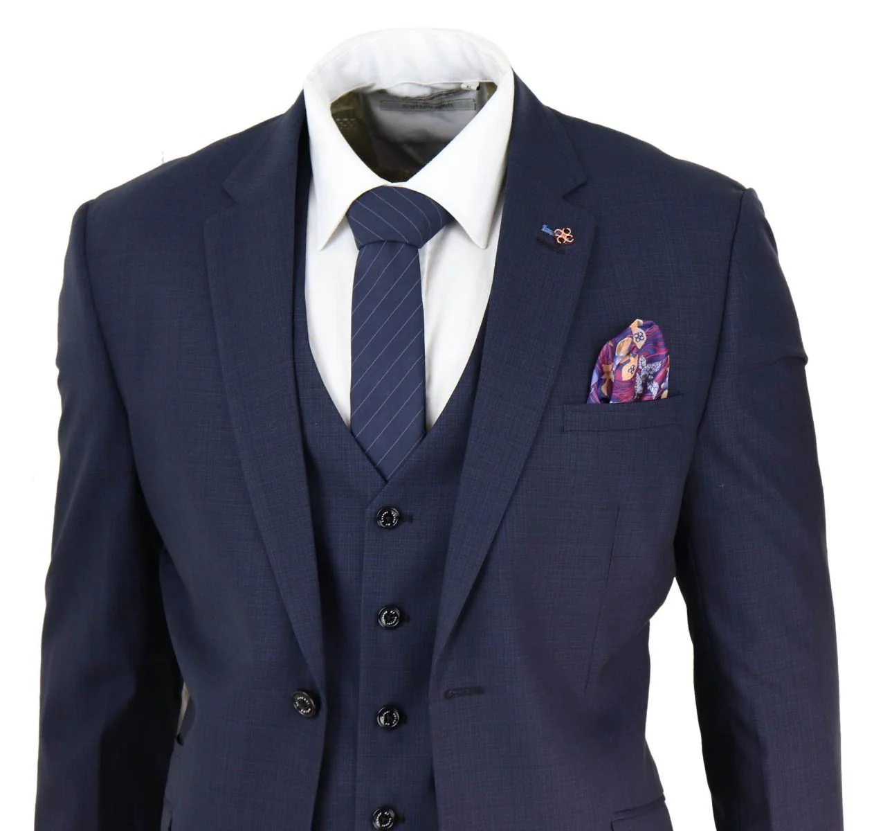 Mens 3 Piece Navy Blue Tailored Fit Retro Classic Suit - Image 3