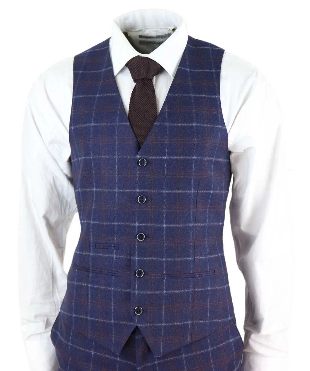 Mens 3 Piece Navy Blue Wool Check Retro Suit - Image 2