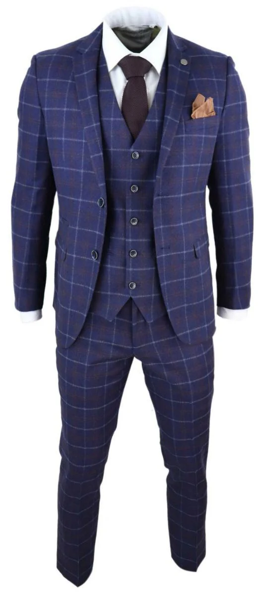 Mens 3 Piece Navy Blue Wool Check Retro Suit - Image 5