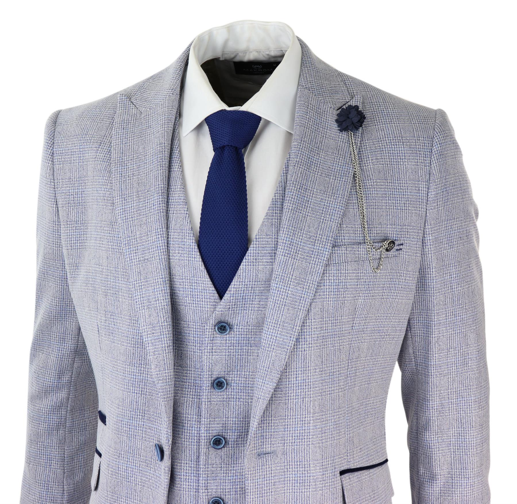 Mens 3 Piece Tweed Suit Light Blue Check Peaky Blinders 1920 Gatsby Wedding Suit - Image 4