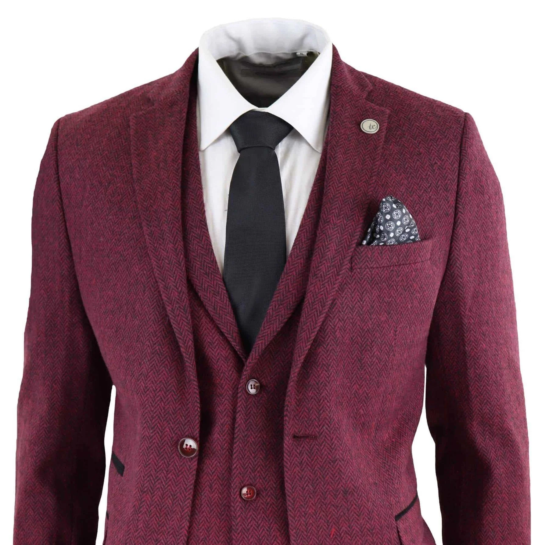 Mens 3 Piece Wine Herringbone Wool Tweed Retro Suit - Image 3
