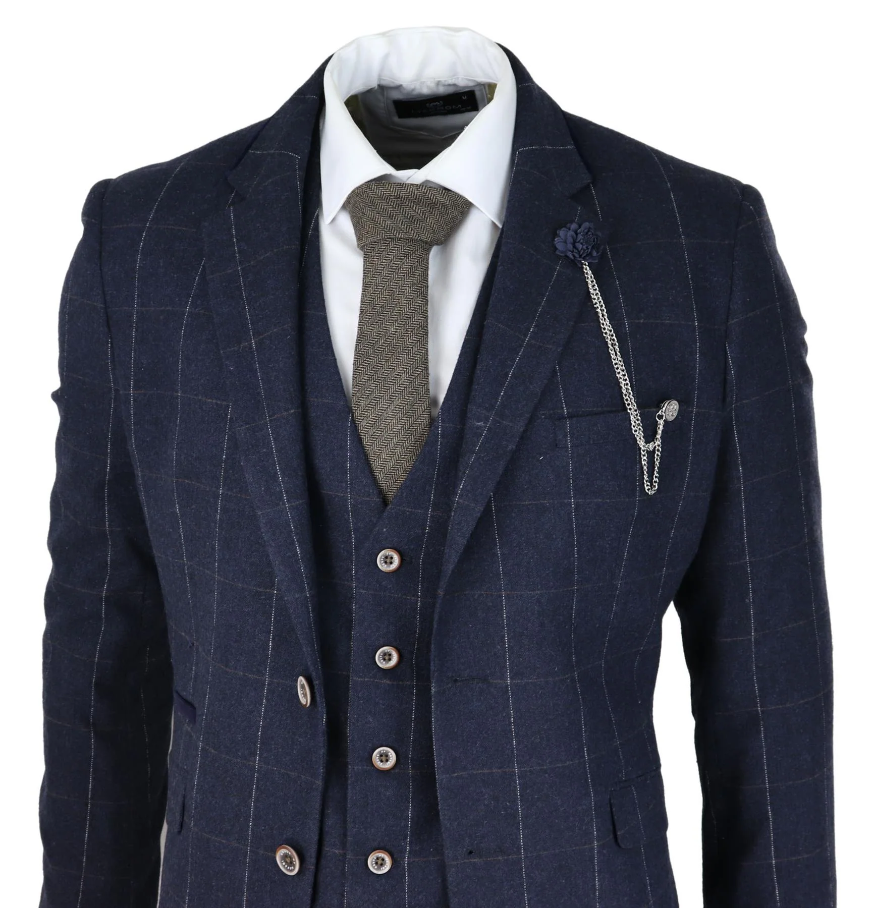 Mens 3 Piece Wool Suit Navy Blue Tweed Check Peaky Blinders 1920 Gatsby Formal - Image 4