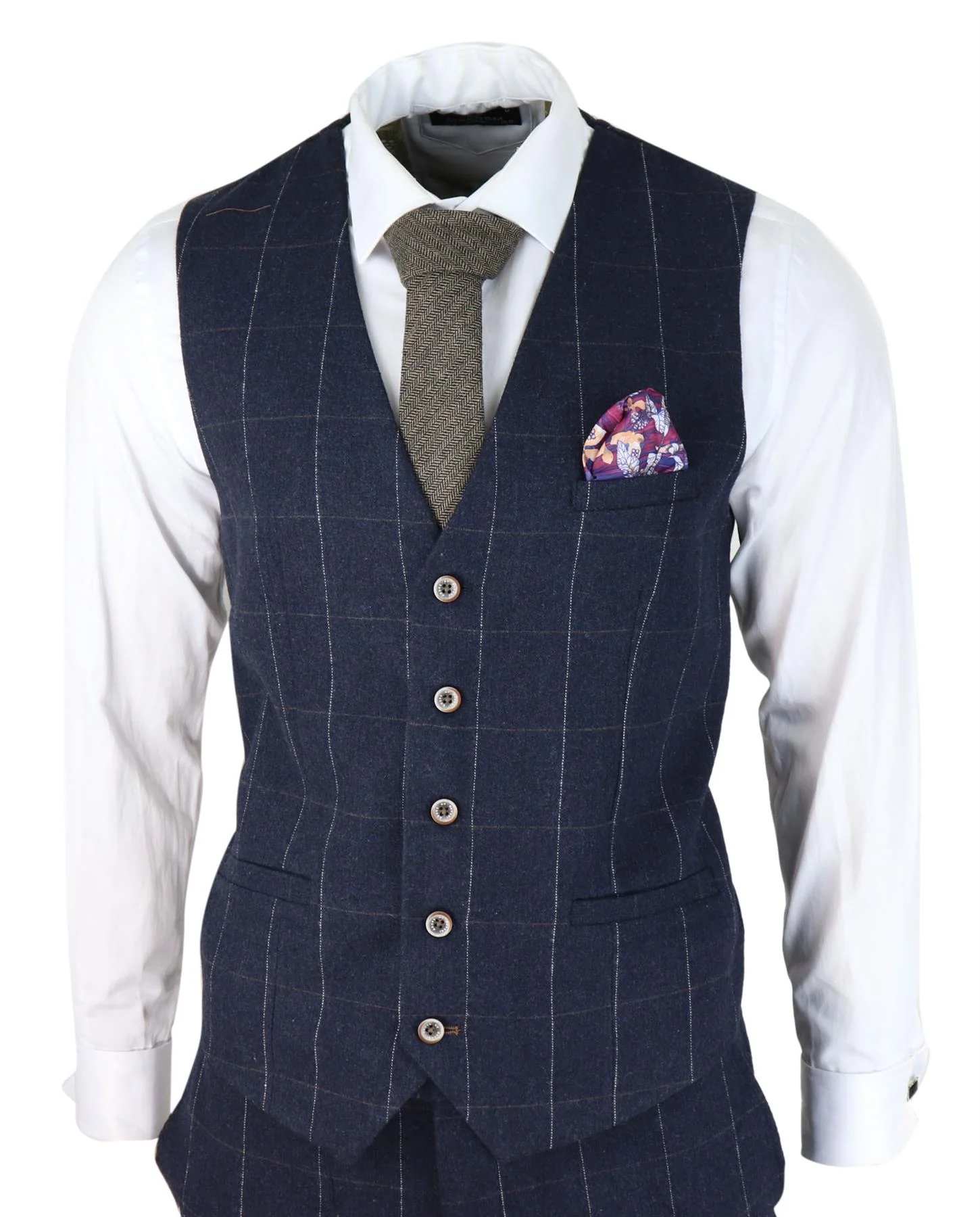 Mens 3 Piece Wool Suit Navy Blue Tweed Check Peaky Blinders 1920 Gatsby Formal - Image 6