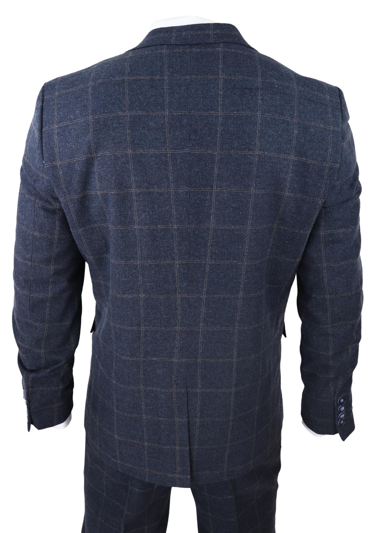 Mens 3 Piece Wool Suit Navy Blue Tweed Check Peaky Blinders 1920 Gatsby Formal - Image 3