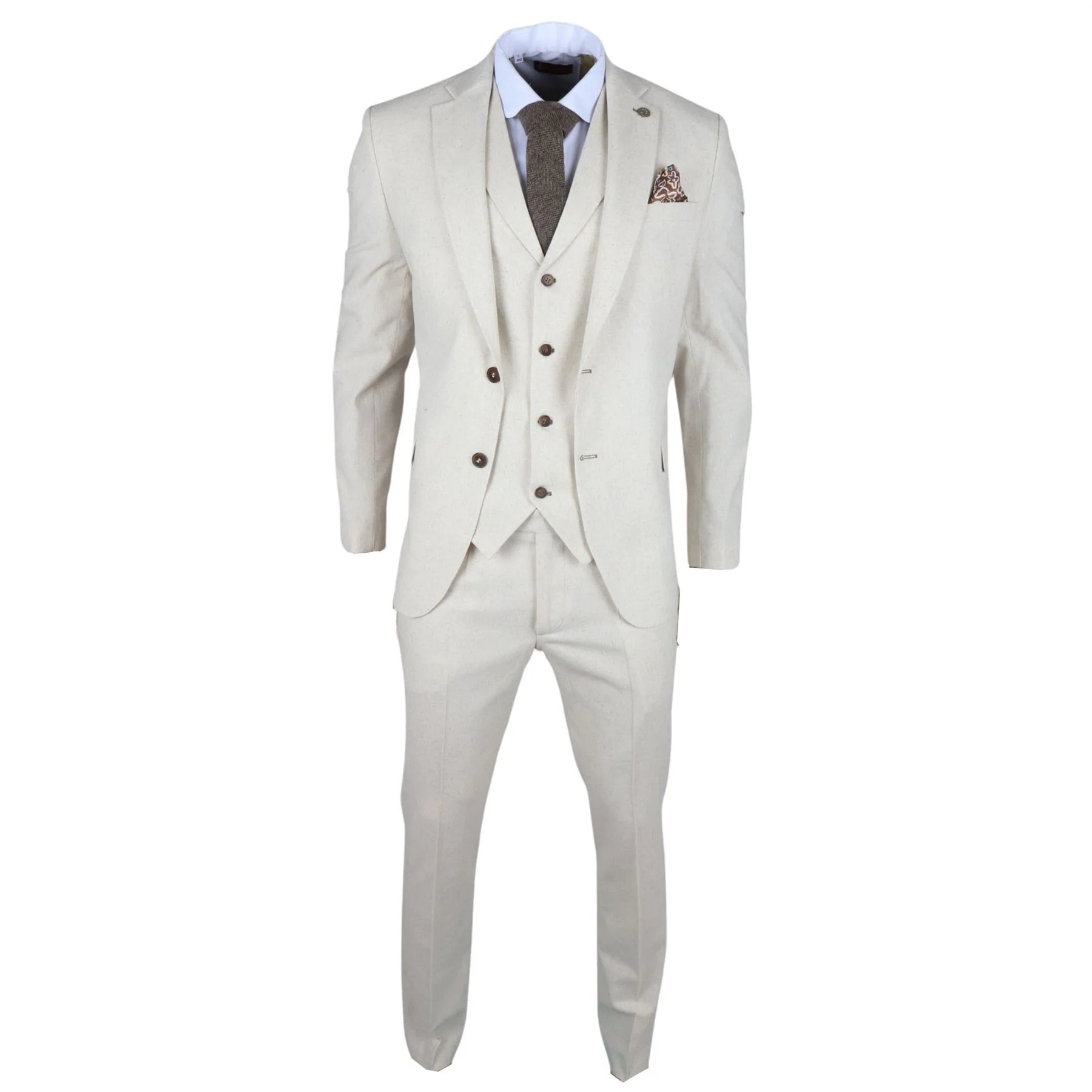Men's Beige 3 Piece Linen Formal Summer Wedding Suit - Image 6