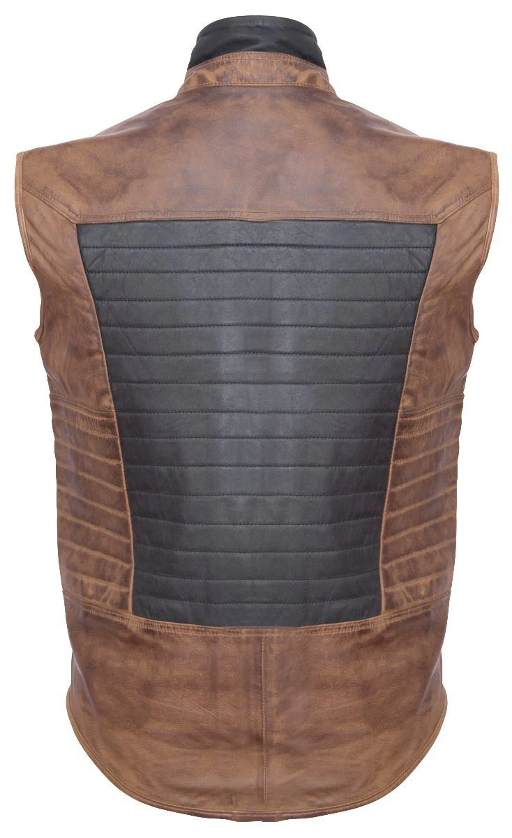 Mens Black/Brown Padded Leather Gilet-Guildford - Image 2