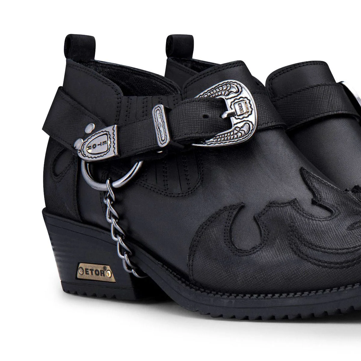 Men's Black Leather Metal Chain Winklepicker Cowboy Boots - Image 2