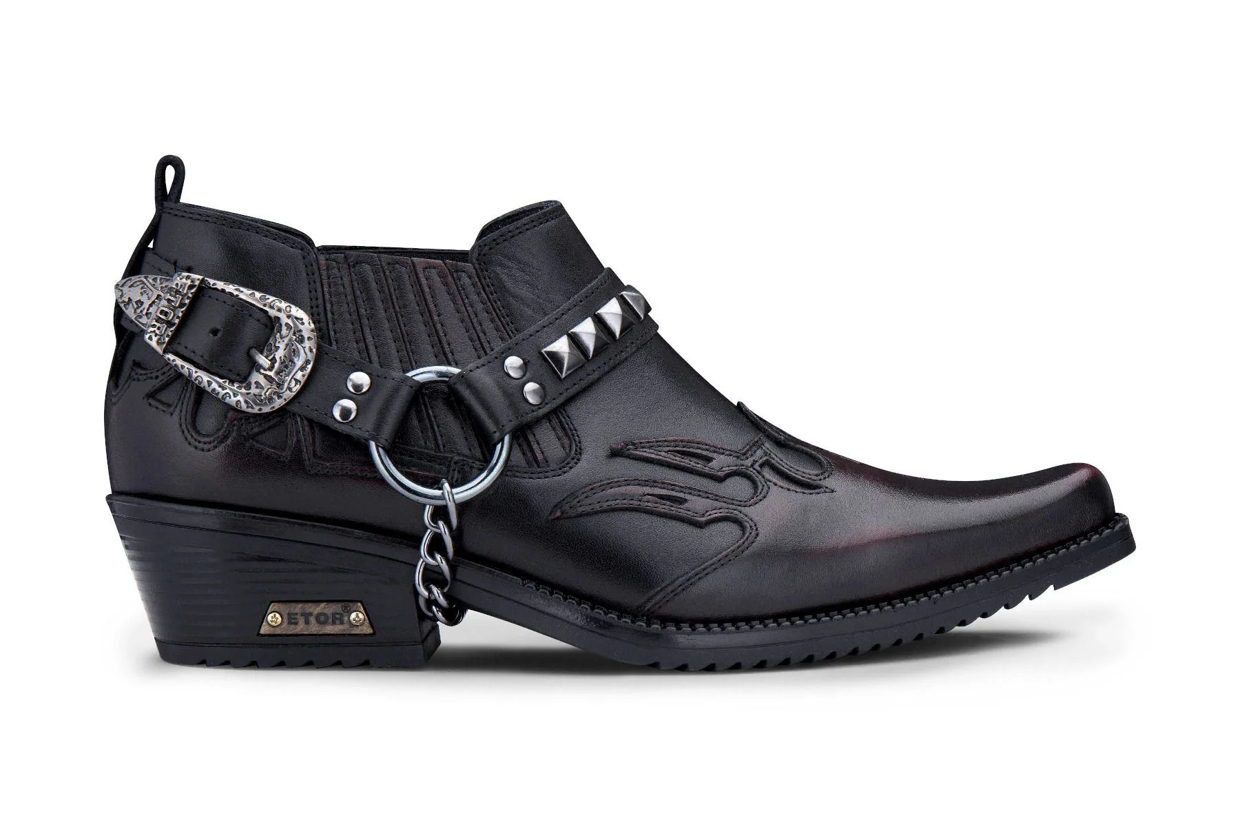 Mens Black Leather Winklepicker Studded Western Biker Boots