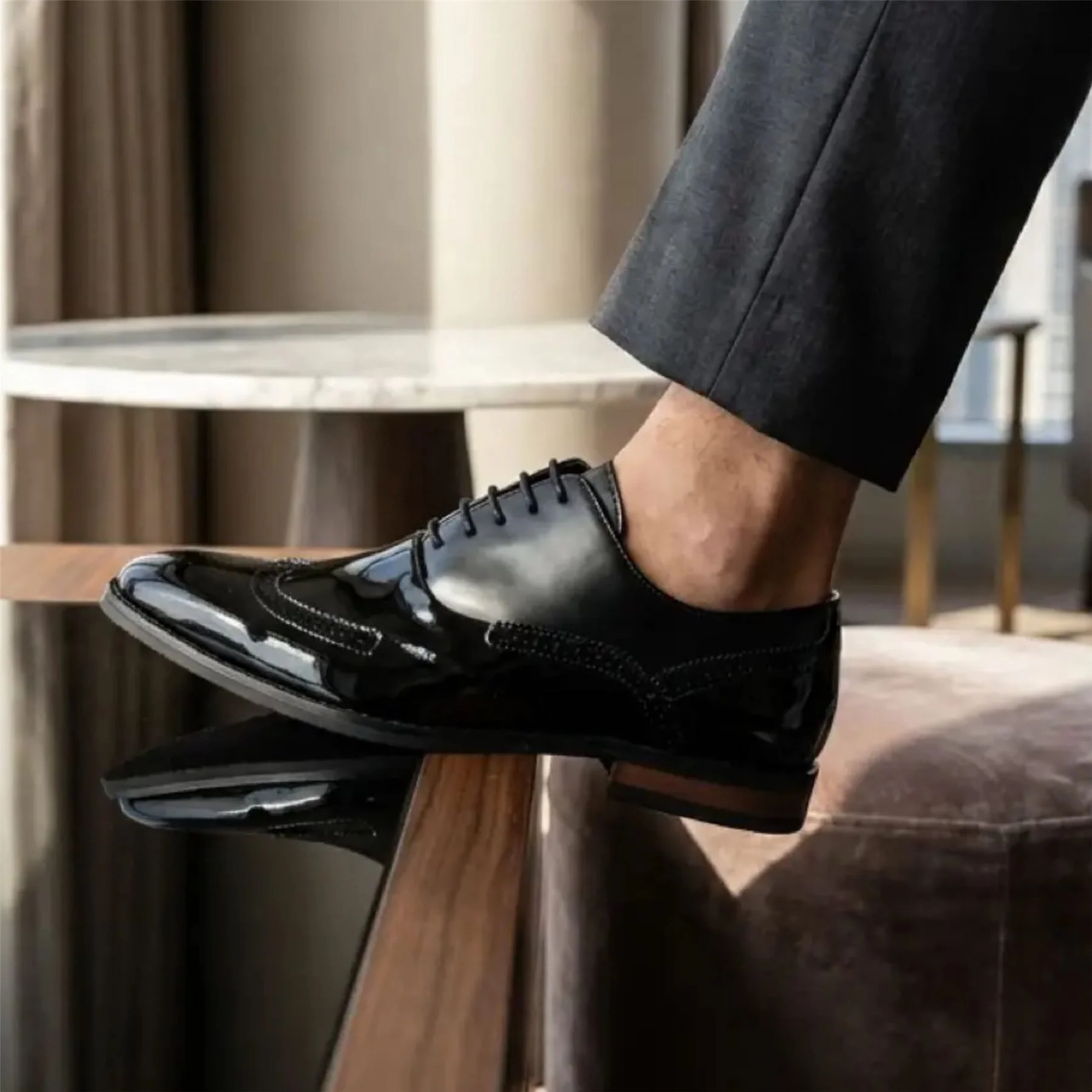 Men's Black Patent PU Leather Wingtip Brogue Oxford Shoes - Image 3