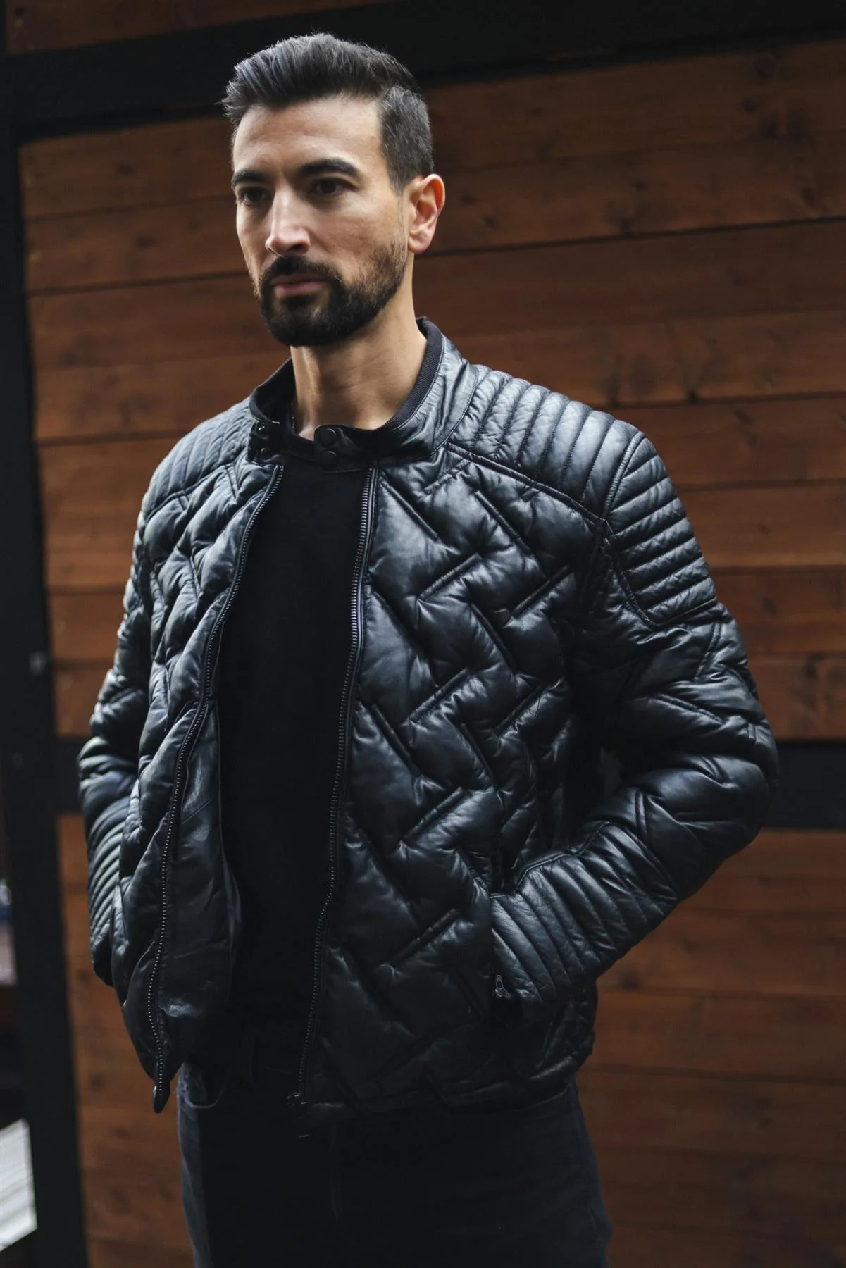 Mens Black Puffer Leather Biker Jacket - Tilbury - Image 8