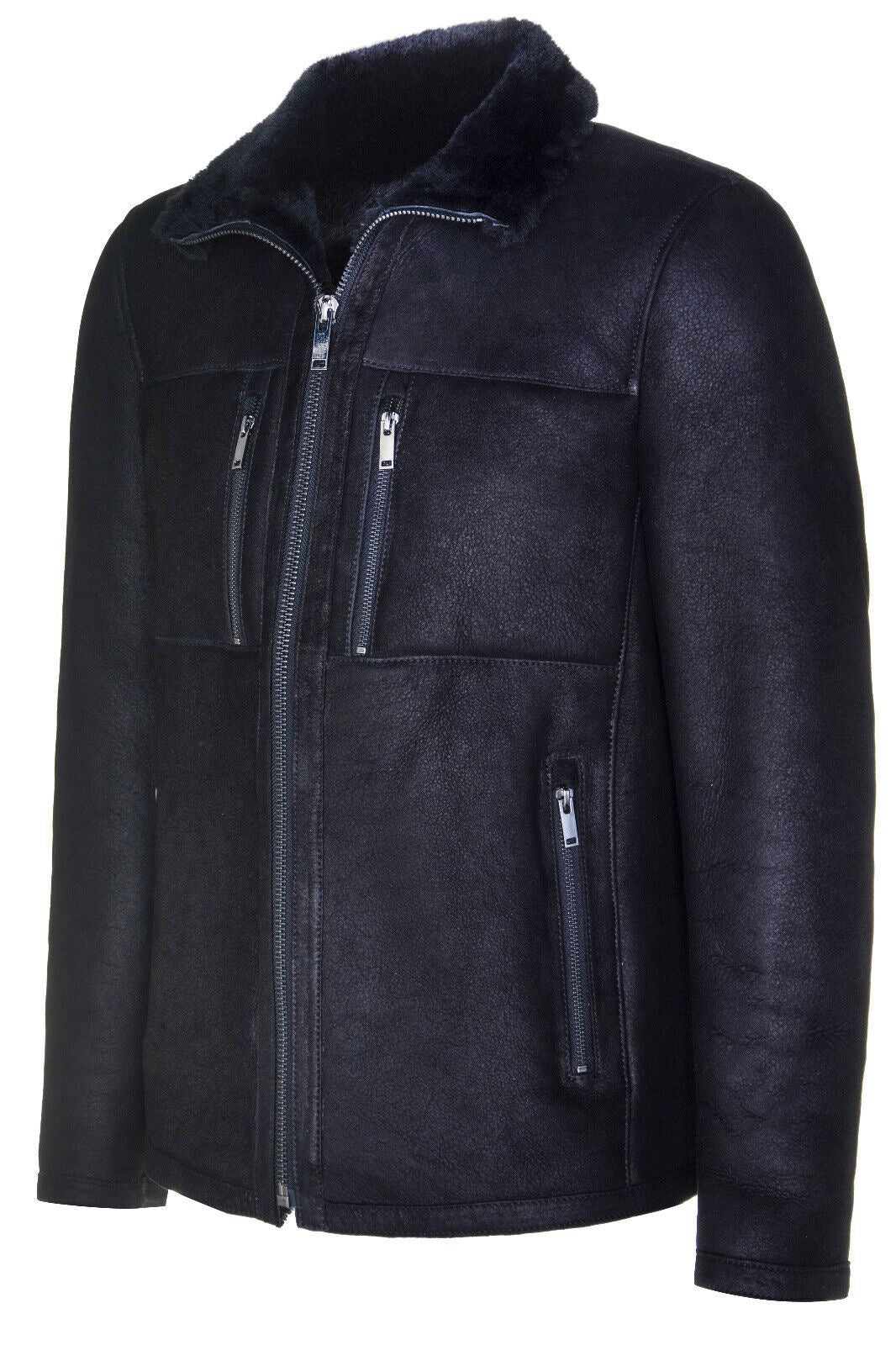 Mens Black Sheepskin Biker Bomber Jacket-Hungerford - Image 2