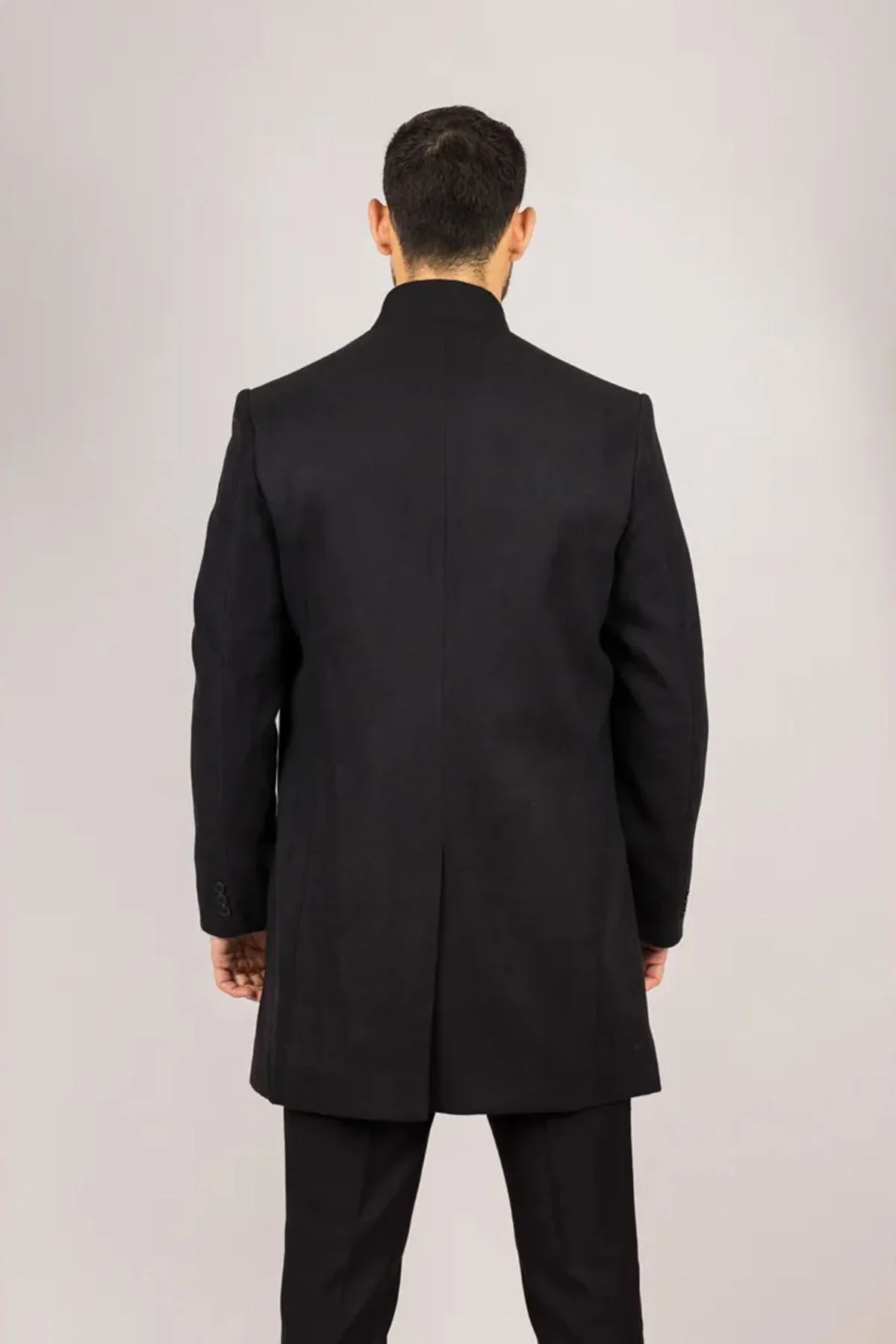 Men's Black Stand Collar Wool Blend Overcoat - Image 6