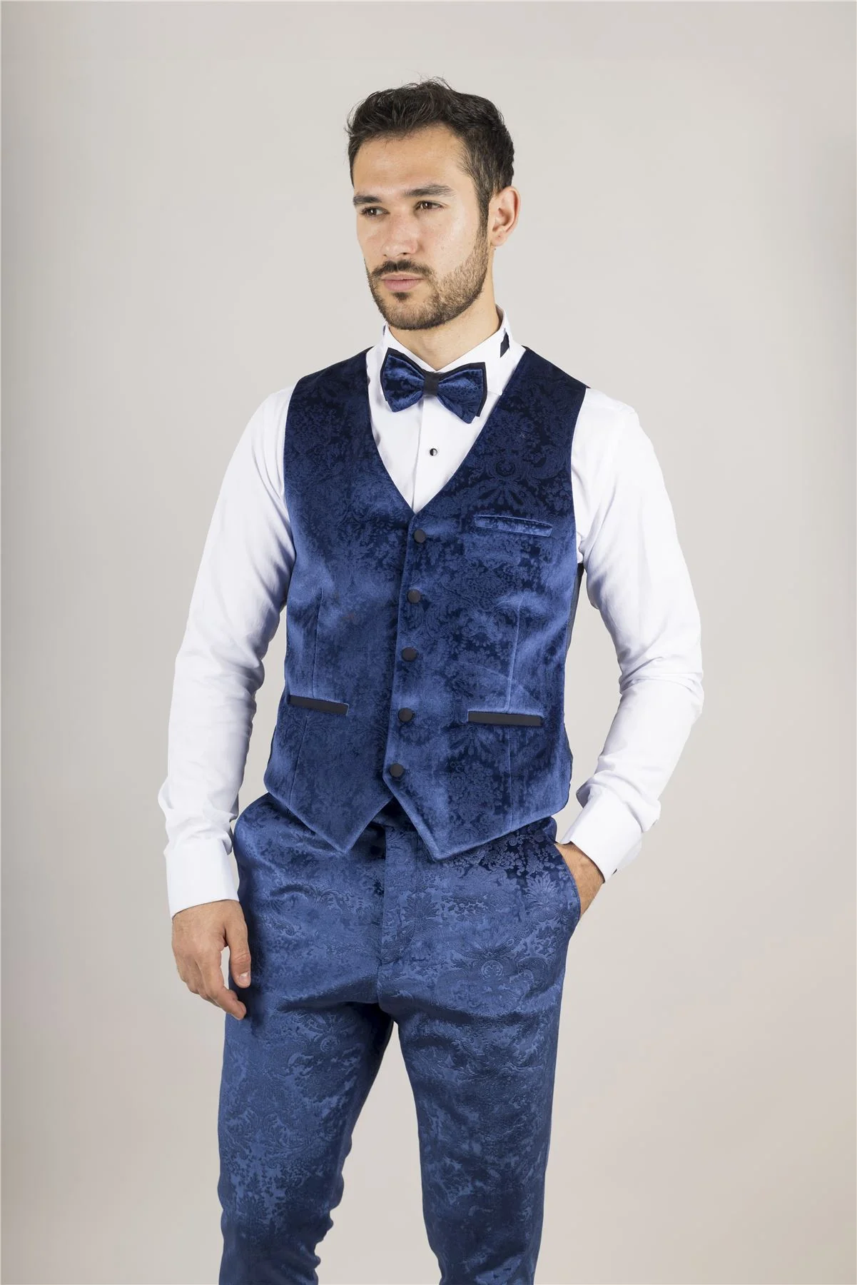 Men's Blue 3 Piece Velvet Wedding Tuxedo Formal Suit - Image 12