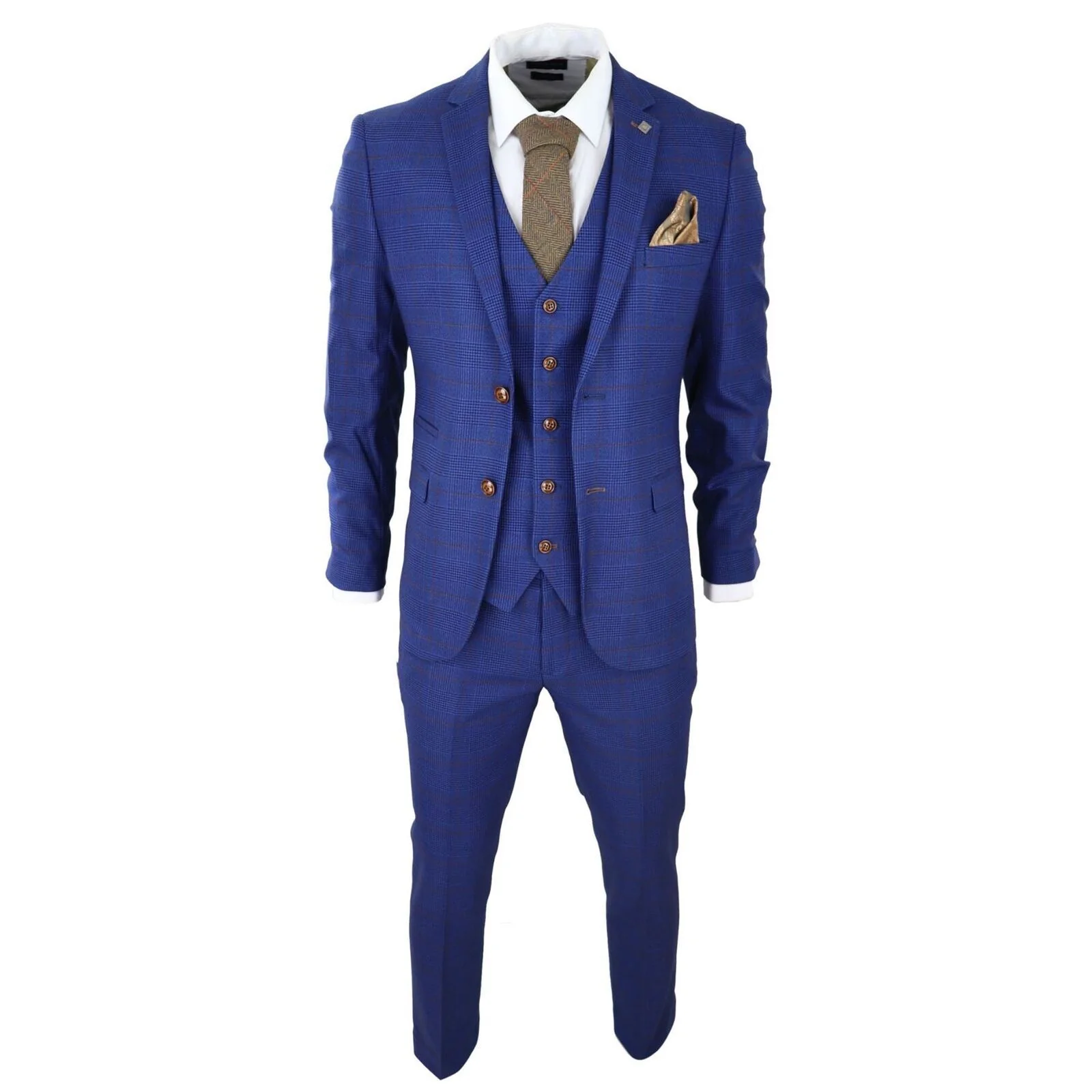 Mens Blue Brown Check 3 Piece Tailored Fit Suit - Image 2