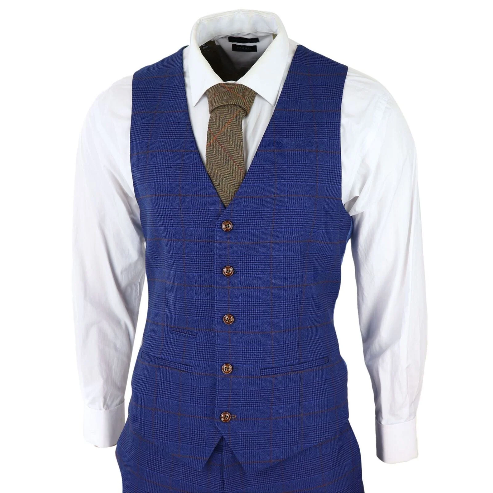 Mens Blue Brown Check 3 Piece Tailored Fit Suit - Image 3