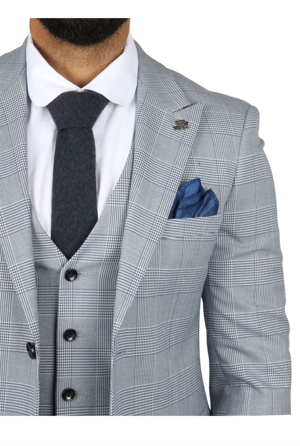 Men's Blue Checked 3 Piece Suit Tailored Fit Suit Formal Wedding - Image 4