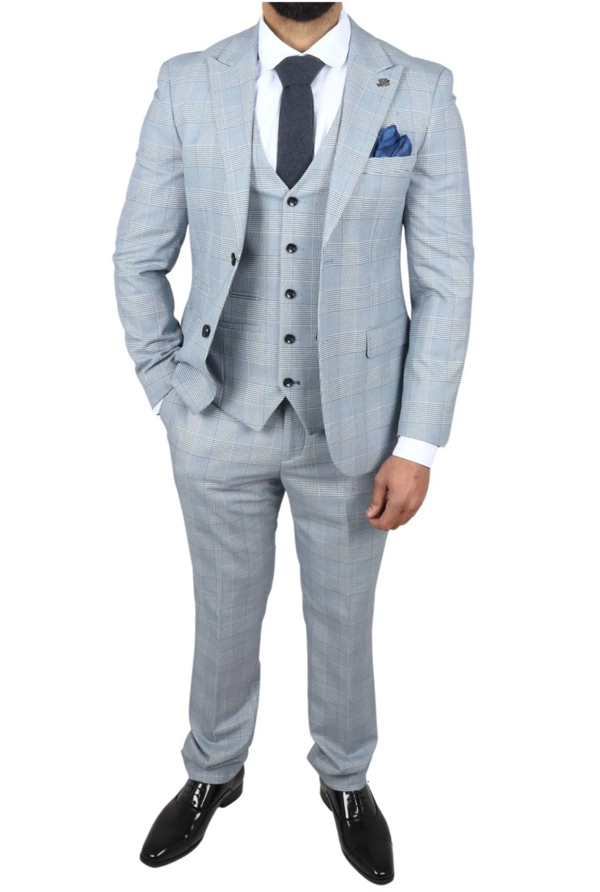 Men's Blue Checked 3 Piece Suit Tailored Fit Suit Formal Wedding - Image 8