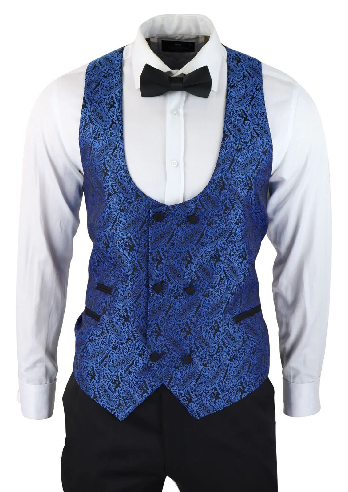 Mens Blue Tuxedo Blazer Waistcoat Brocade Black Satin Paisley Dinner Jacket - Image 4