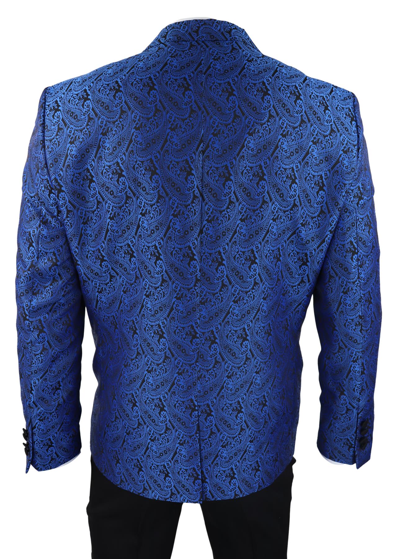 Mens Blue Tuxedo Blazer Waistcoat Brocade Black Satin Paisley Dinner Jacket - Image 7