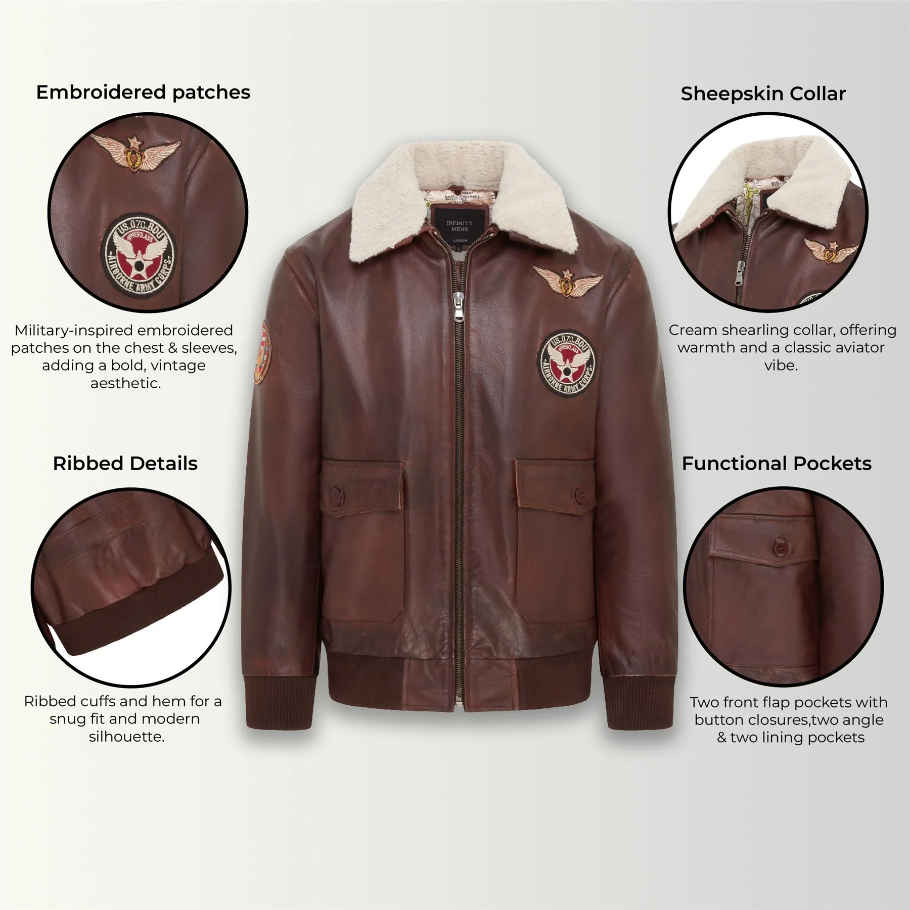 Mens Brown Cowhide Leather Aviator Bomber Jacket - Akhiok - Image 2