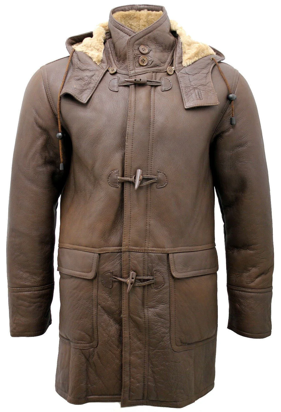 Mens Brown Sheepskin Leather Hooded Duffle Coat-Leatherhead - Image 3