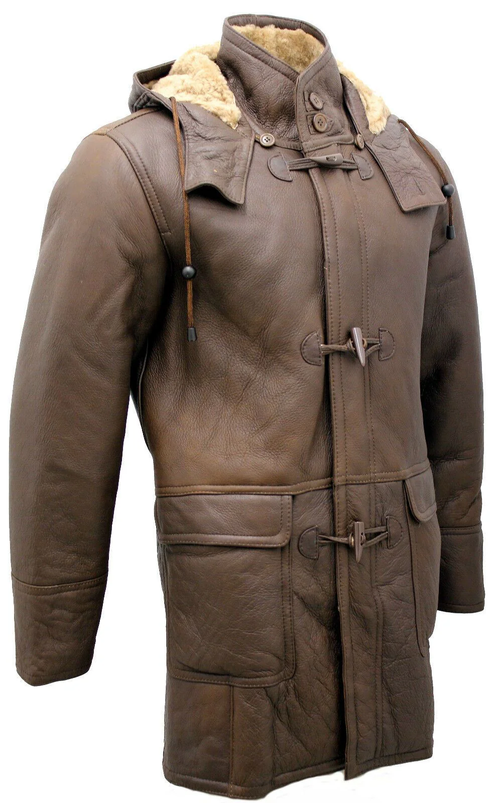 Mens Brown Sheepskin Leather Hooded Duffle Coat-Leatherhead - Image 4