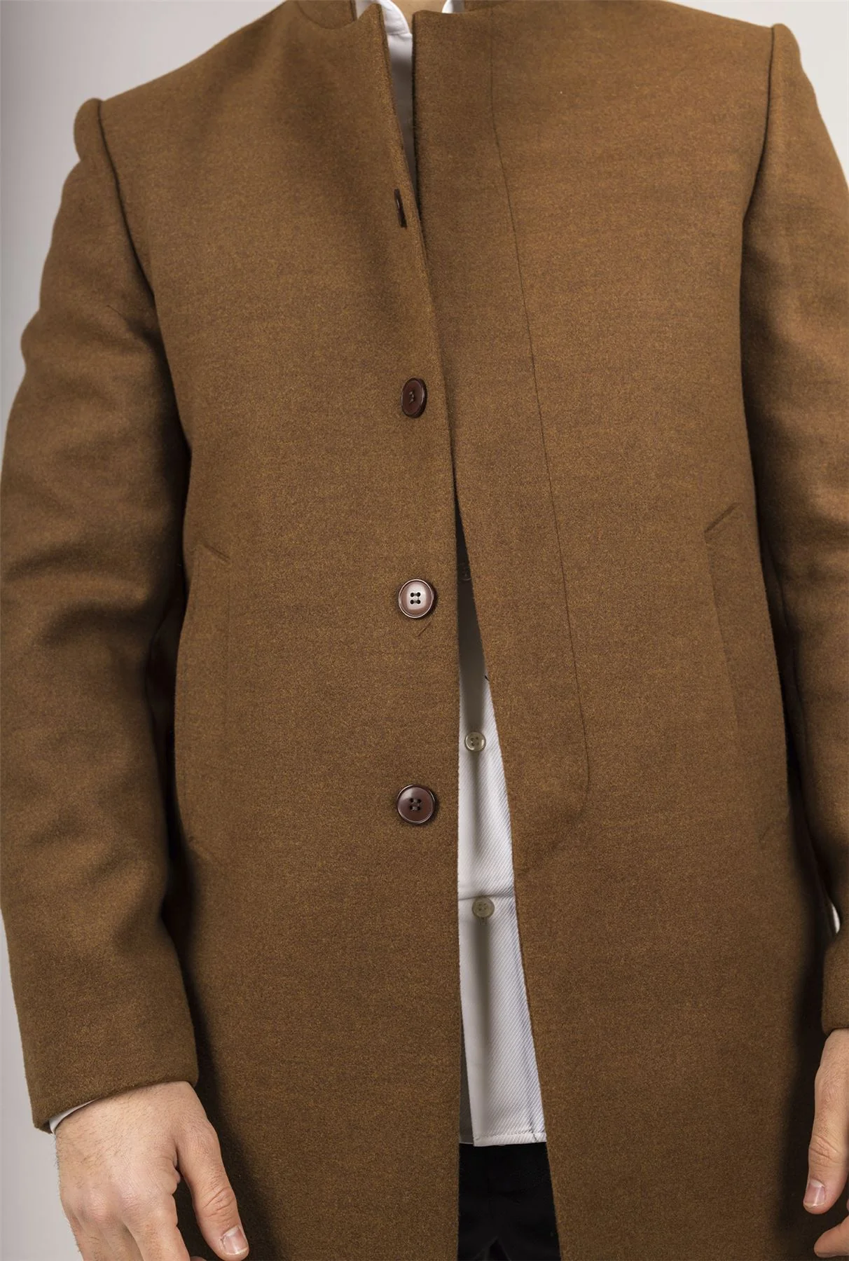 Men's Brown Stand Collar Wool Blend Overcoat - Image 15