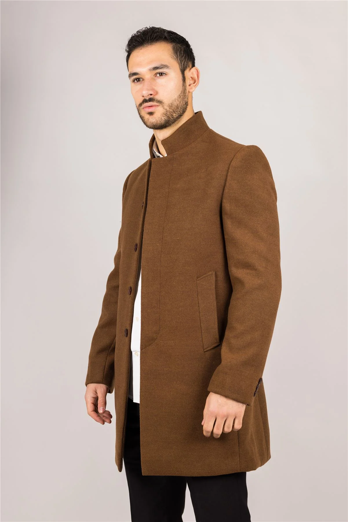 Men's Brown Stand Collar Wool Blend Overcoat - Image 6