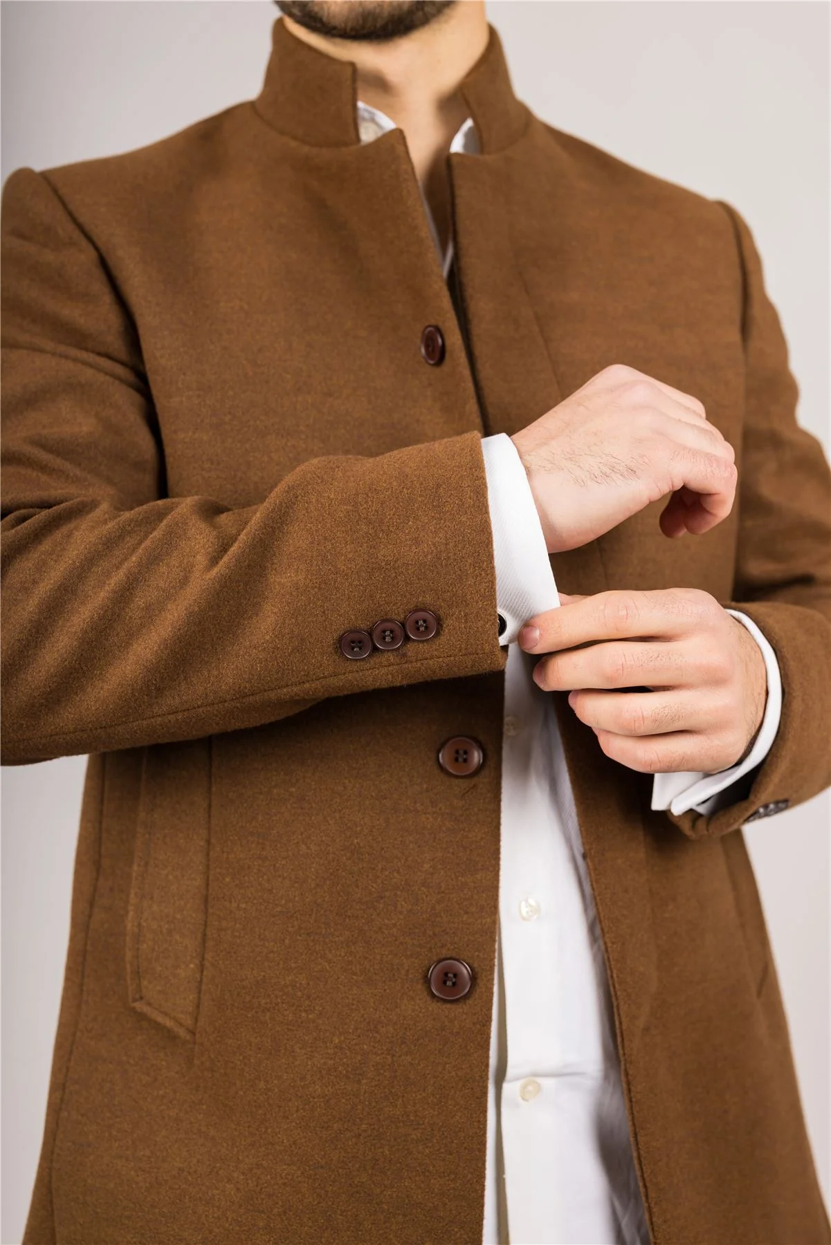 Men's Brown Stand Collar Wool Blend Overcoat - Image 8