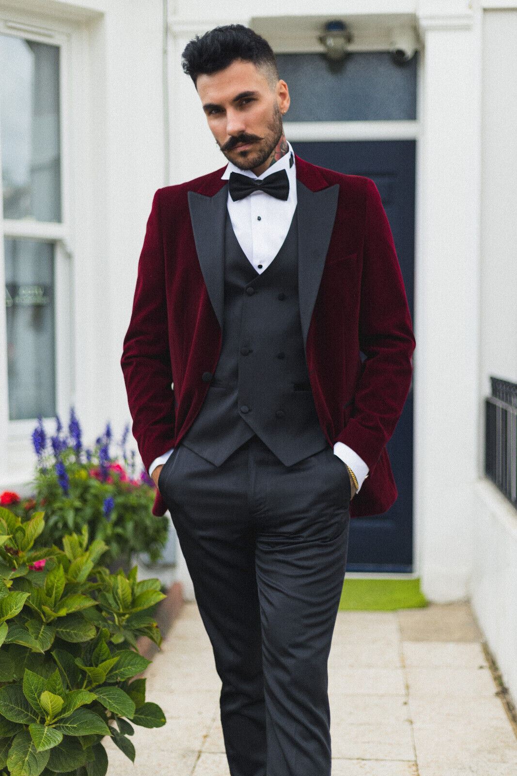 Mens Burgundy Velvet Dinner Tuxedo Suit Jacket Blazer - Image 2