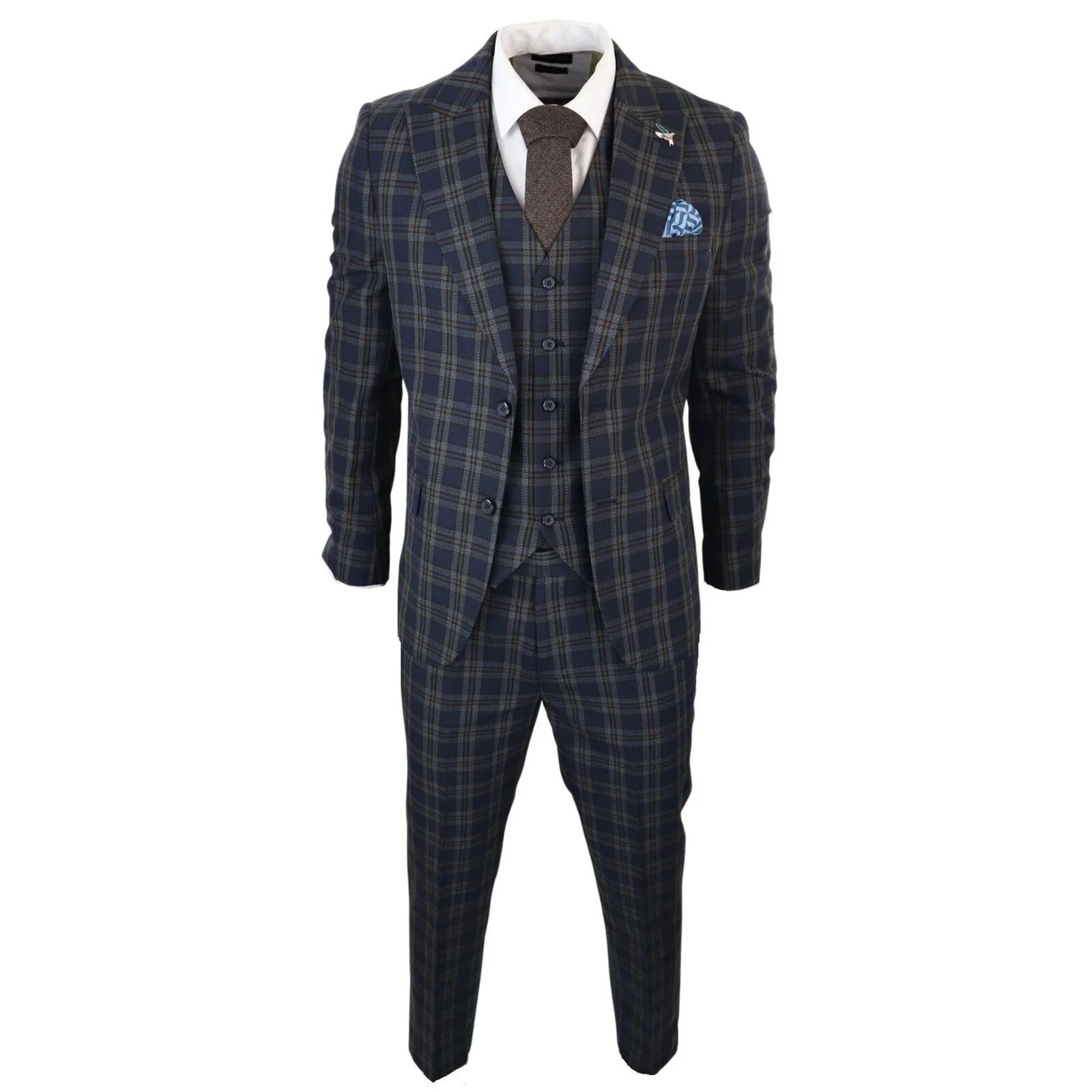 Men's Check Navy Blue 3 Piece Suit - Image 2