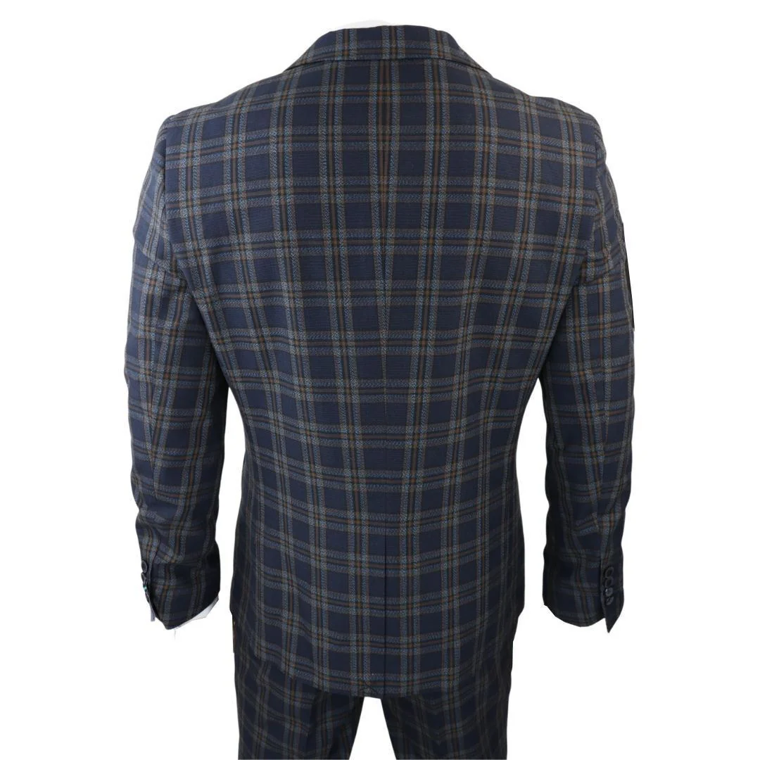 Men's Check Navy Blue 3 Piece Suit - Image 6