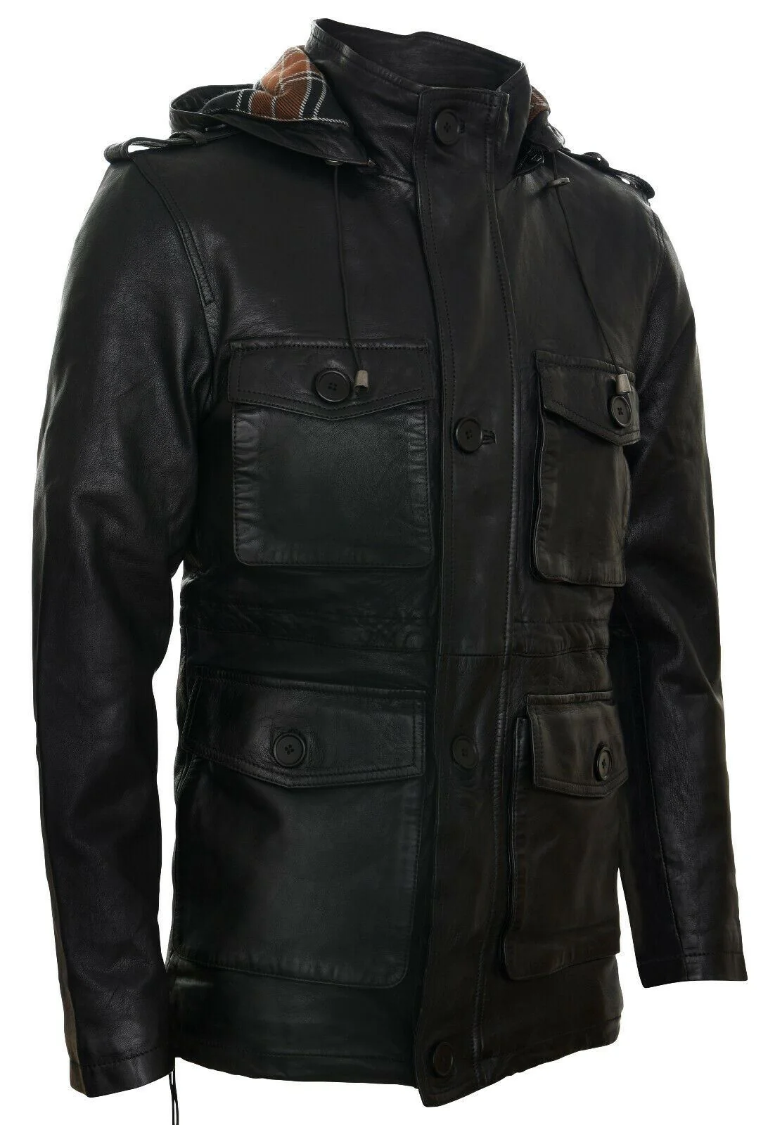 Mens Classic Leather Hooded Trench Overcoat-Edgware - Image 6