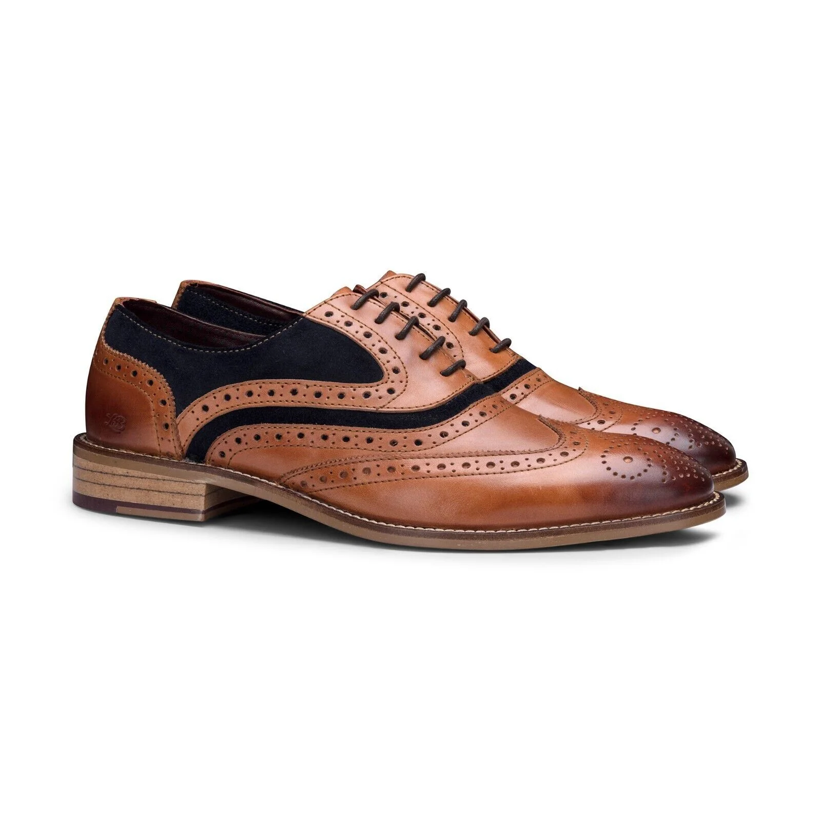 Mens Classic Oxford Tan Leather Gatsby Brogue Shoes with Navy Suede - Image 2