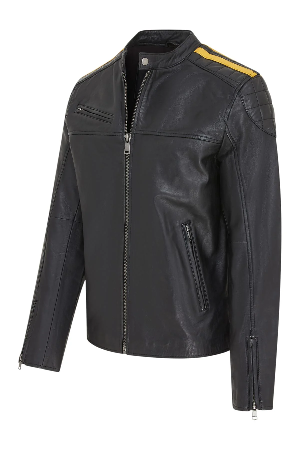 Men's Classic Quilted Black Yellow Leather Biker Jacket - Meridian - Image 3