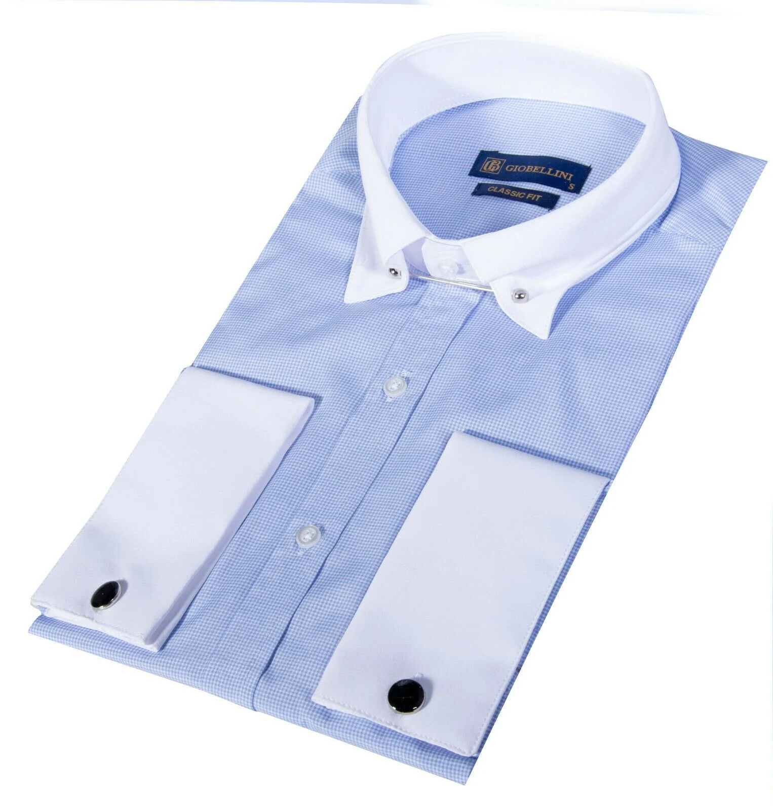 Mens Club Collar Blue Shirt 1920s Peaky Blinders With Bar Poplin Pin Smart - Image 4