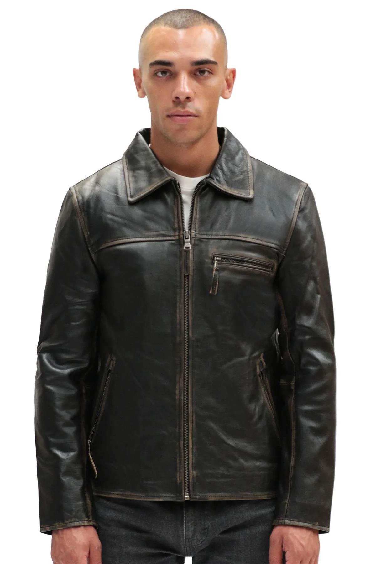 Mens Cow Hide Harrington Leather Biker Jacket-Sleaford - Image 9